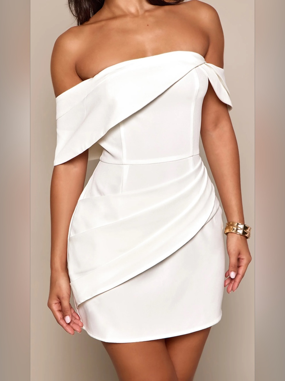 Off-Shoulder White Draped Mini Dress- petite
